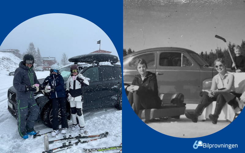 Två bilder som visar en familj på sportlov med bilen i bakgrunden, den till vänster är tagen nu och den till höger är tagen för 60 år sedan. 