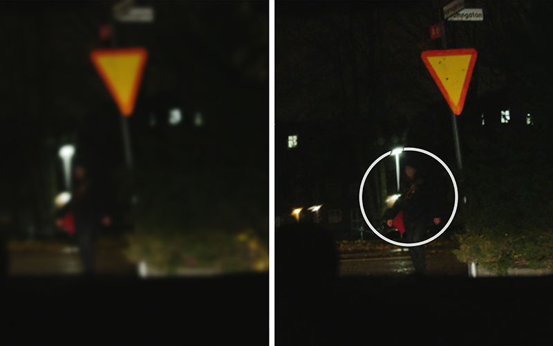 Oskarp trafikbild till vänster och skarp trafikbild till höger