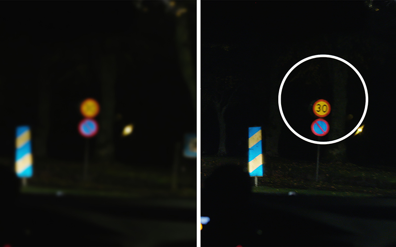 Uppfattad hastighetsskylt vid olaglig syn till vänster i bild och uppfattad hastighetsskylt vid fullgod syn till höger i bild