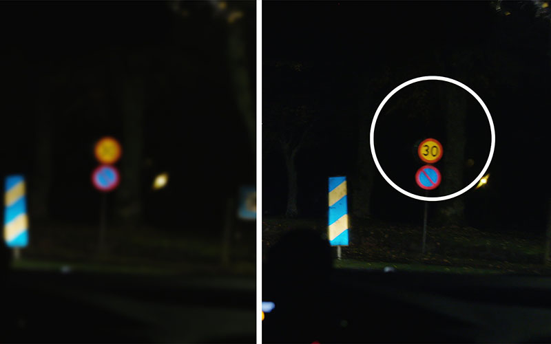 Samma bild till vänster och höger. Den till vänster visar en vägskylt som är svår att se, den är oskarp. Den till höger visar en vägskylt som är lätt att se, den är skarp. 