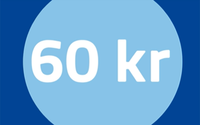 Illustration med  "60 kr" i vit text på en ljusblå platta mot en mörkblå bakgrund